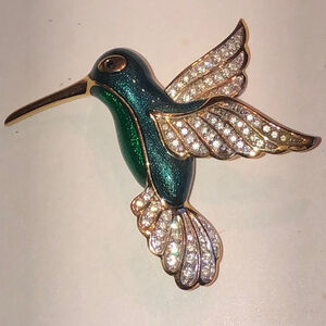Elegant Green and Gold Tone Vintage Rhinestone Hummingbird Brooch